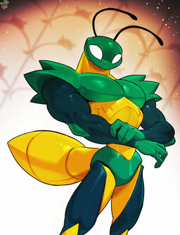 antennae_(anatomy) anthro arthropod_abdomen biceps black_antennae exoskeleton green_body green_fingers green_hands green_head male multicolored_body muscular muscular_anthro muscular_male pecs simple_background solo yellow_body kingdomvelvet hollow_knight:_silksong hollow_knight_(franchise) team_cherry green_prince_(hollow_knight:_silksong) arthropod insect verdanian 2025 absurd_res colored digital_drawing_(artwork) digital_media_(artwork) hi_res shaded