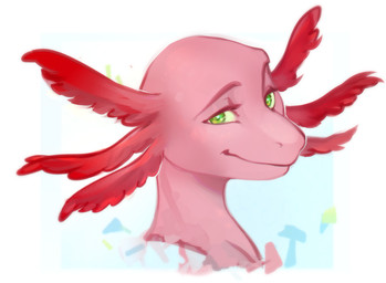 anthro frill_(anatomy) green_eyes looking_at_viewer male mouth_closed pink_body side_view simple_background smile solo space_station_13 faces-the-danger amphibian aquatic axolotl mole_salamander salamander headshot_portrait portrait
