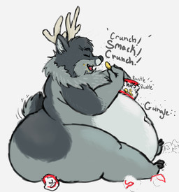 anthro antlers belly belly_on_ground big_belly big_butt butt chips_(food) crumbs crunch deep_navel eating eating_food eyes_closed fangs feet food food_container fur grey_body grey_fur grey_hair hair happy holding_chips_(food) holding_food holding_object horn huge_belly huge_butt male morbidly_obese morbidly_obese_anthro morbidly_obese_male navel neck_tuft nude obese obese_anthro obese_male onomatopoeia open_mouth open_smile overweight overweight_anthro overweight_male rumbling_stomach side_view simple_background sitting smile solo sound_effects tail tail_motion teeth text thick_thighs tuft white_background wrapper squeeeshie forebucks deer mammal new_world_deer white-tailed_deer 2014 digital_media_(artwork) full-length_portrait hi_res portrait