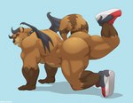 anthro big_butt blue_background brown_body brown_fur bubble_butt butt clothing collar footwear footwear_only fur horn male mostly_nude muscular muscular_anthro muscular_male shoes shoes_only simple_background solo wings tylerstark darkmask demon mammal procyonid raccoon absurd_res hi_res