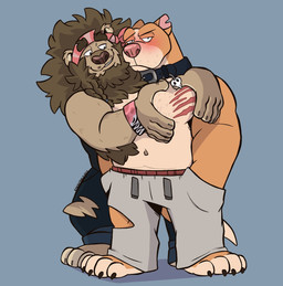 affectionate anthro arm_around_another arm_around_neck arm_around_partner arm_around_shoulders arm_around_waist aroused aroused_by_another aroused_male barefoot belly biceps big_muscles black_bottomwear black_clothing black_collar black_pants black_shirt black_topwear blue_background blush blushing_profusely body_hair bottomwear brown_body brown_fur chest_fondling chest_hair chest_scar clothed clothing collar collar_tag drawstring drawstring_bottomwear drawstring_clothing drawstring_pants duo eyebrows feet flirting fur grabbing_another grabbing_partner grey_bottomwear grey_clothing grey_pants grey_sweatpants groping_chest groping_pecs grumpy hand_in_pocket holding_another holding_partner leaning leaning_on_another looking_at_viewer love male male/male mane manly mischievous muscular muscular_anthro muscular_male nuzzling orange_body orange_fur pants pec_grab pec_play pec_scar pecs pink_nose pockets red_bandana red_clothing rubbing_chest scar secretly_loves_it shadow shirt simple_background skull_collar skull_collar_tag stroking_chest sweatpants teasing thick_arms thick_eyebrows topless topless_anthro topless_male topwear torn_bottomwear torn_clothing torn_pants tough_guy whiskers syncrotrace archie_(syncrotrace) cedar_(syncrotrace) canid canine canis domestic_dog felid feline lion mammal pantherine pit_bull hi_res