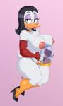 anatid anseriform anthro armwear avian beak big_breasts bird black_eyes black_hair breasts clothed clothing collar daxzor digital_media_(artwork) disney duck ducktales elbow_gloves eyeshadow female fingerless_gloves footwear glistening_eyelids gloves hair handwear hi_res high_heels holding_object looking_at_viewer magica_de_spell makeup nipples non-mammal_breasts non-mammal_nipples panties partial_nudity pink_background pinup pose purple_eyeshadow shoes simple_background solo thick_thighs tongue tongue_out topless underwear