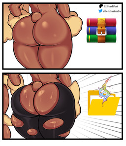anthro big_butt big_ear bodily_fluids brown_body butt butt_focus clothed clothing female fluffy fur legwear nude rear_view solo standing tail thick_thighs elferdiart nintendo pokemon winrar generation_4_pokemon generation_6_pokemon humanoid lopunny mega_evolution mega_lopunny pokemon_(species) hi_res