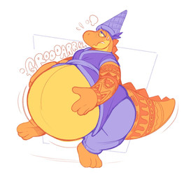3_toes 4_fingers anthro arm_tattoo belly big_belly bloated bodily_fluids bottomwear clothing feet fingers groaning_belly hat headgear headwear holding_belly huge_belly magic_user male orange_body orange_scales orange_skin overweight overweight_male pants pointy_hat purple_clothing robe scales solo sweat sweatdrop tail tail_tattoo tattoo thick_tail toes walking wizard_hat yellow_eyes boot_(artist) carpenter_(boot) lizard reptile scalie 2022