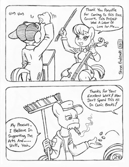 alcohol anthro backstage beverage bowed_string_instrument broom cello cigar cleaning_tool clothed clothed_anthro clothed_female clothed_male clothing coin conductor dialogue drinking eye_bags eyelashes female flask fully_clothed fully_clothed_anthro fully_clothed_female fully_clothed_male group hat headgear headwear horn janitor male music_conductor musical_instrument offscreen_character opera smoking speech_bubble stage string_instrument tail text unicorn_horn circe_(artist) comedy_central friendship_is_magic futurama hasbro my_little_pony mythology groucho_marx octavia_(mlp) rarity_(mlp) scruffy_(futurama) earth_pony equid equine horse mammal mythological_creature mythological_equine pony unicorn comic english_text