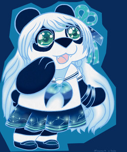 anthro asian_clothing black_body black_fur black_nose blue_clothing bottomwear bracelet braided_hair chibi clothed clothing east_asian_clothing fangs female footwear fur fur_markings green_eyes hair japanese_clothing japanese_school_uniform jewelry long_hair markings open_mouth open_smile pattern_bottomwear pattern_clothing pattern_skirt ribbons round_ears school_uniform serafuku shoes simple_background skirt slightly_chubby smile socks solo sparkles star stripes tail teeth uniform white_body white_clothing white_fur white_hair lunarpanda8686 mika_(lunarpanda8686) bear giant_panda mammal ursine 5:6 digital_media_(artwork) hi_res