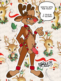 antlers balls bell bell_harness dialogue genitals glans glowing glowing_genitalia glowing_nose glowing_penis harness harness_only horn jingle_bell jingle_bell_harness male penis solo speech_bubble text toony doodledoggy rudolph_the_red-nosed_reindeer deer mammal new_world_deer reindeer 3:4 absurd_res english_text hi_res
