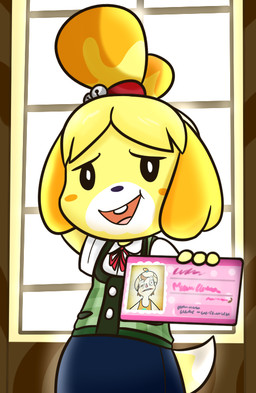 4_fingers anthro bangs bell_hair_tie black_eyes black_nose blonde_hair blue_bottomwear blue_clothing blue_skirt bottomwear bow_tie brown_wall button_(fastener) clothed clothed_anthro clothed_female clothing dipstick_tail facial_markings female female_anthro fingers fully_clothed fully_clothed_anthro fully_clothed_female fur green_clothing green_topwear green_vest hair hand_behind_head head_markings holding_card inside markings multicolored_hair open_mouth open_smile orange_hair pattern_clothing pattern_topwear pattern_vest plaid plaid_clothing plaid_topwear plaid_vest pockets ponytail presenting pupils red_bow_tie red_hair_tie shirt skirt smile smiling_at_viewer solo standing tail tail_markings topwear two_tone_hair two_tone_tail vest wall_(structure) white_clothing white_markings white_pupils white_shirt white_tail_tip white_topwear window wood wood_wall yellow_body yellow_fur yellow_tail cookieboy011 animal_crossing nintendo isabelle_(animal_crossing) villager_(animal_crossing) canid canine canis domestic_dog mammal shih_tzu toy_dog 2019 colored digital_drawing_(artwork) digital_media_(artwork) english_description half-length_portrait portrait shaded story story_in_description
