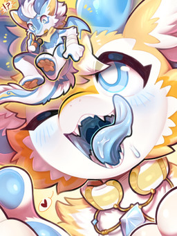 anthro barefoot blue_body blue_eyes blue_fur blue_insides blue_tongue blush collar duo feet female fur heart_symbol imminent_vore interrobang jewelry kemono macro male mouth_shot one_eye_closed open_mouth open_smile pawpads sharp_teeth smile teeth tongue tongue_out white_body white_fur yellow_body yellow_fur yellow_pawpads tianhua mythology dragon furred_dragon furred_scalie mythological_creature mythological_scalie scalie 2026 3:4 hi_res