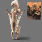 anthro areola breasts claws feathers female group looking_at_viewer nipples nude smile smiling_at_viewer solo_focus standing teeth_showing toe_claws white_body white_feathers meandraco teraurge miggpli_(teraurge) avian monster 1:1 hi_res