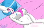 areola bedding big_breasts blue_hair blush bodily_fluids breasts collar female gardevoir generation_3_pokemon hair heart_symbol hi_res jewelry lactating lying mammal masturbation necklace nintendo nipples not_furry nude open_mouth pokemon pokemon_(species) simple_background smile solo theo_(xl_swat) tongue xl_swat