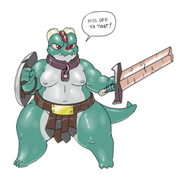 anthro biped broken_horn clothed clothing collar dialogue green_body green_scales holding_melee_weapon holding_object holding_shield holding_sword holding_weapon horn male melee_weapon nipples non-mammal_nipples overweight overweight_anthro overweight_male red_eyes scales sharp_teeth shield simple_background solo speech_bubble standing sword teeth text topless weapon white_background vdisco thud_(vdisco) kobold scalie 2019 english_text hi_res