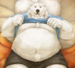 anthro bed belly bottomwear clothed clothing furniture humanoid_hands lying lying_on_bed male moobs navel on_back on_bed open_clothing open_shirt open_topwear overweight overweight_anthro overweight_male pillow shirt shorts solo topwear cinna-tree bear mammal polar_bear ursine 2020 absurd_res hi_res