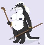 2010 anthro badger big_breasts black_nose blue_eyes bracelet breasts claws female holding_object holding_weapon jewelry mammal melee_weapon mustelid musteline navel nipples nude overweight overweight_anthro overweight_female polearm redwall rowanoak short_stack simple_background solo spear suce weapon whiskers