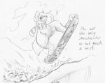 anthro armless eyewear female goggles modular outside scarf smile snowboard snowboarding solo text cervelet sabrina_(sabrina-taur) canid canine canis halfcut mammal wolf 2021 english_text graphite_(artwork) hi_res monochrome traditional_media_(artwork)