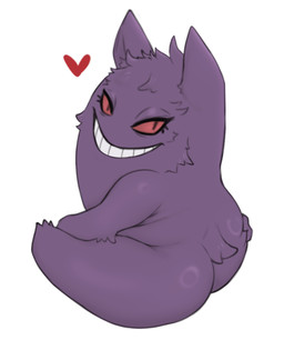 animal_ears arm_tuft big_butt blush blush_lines butt butt_grab cheek_tuft elbow_tuft facial_tuft female glistening glistening_butt glistening_shoulders hand_on_butt head_tuft heart_reaction looking_at_viewer looking_back open_mouth open_smile paws pubic_fuzz pupils purple_body red_sclera scut_tail short_tail simple_background sitting slit_pupils smile solo tail tuft hewa nintendo pokemon generation_1_pokemon gengar pokemon_(species) 2026 hi_res