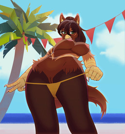anthro areola bangs beach beak big_breasts bouncing_breasts breasts brown_body brown_fur brown_hair claws clothed clothing day eyelashes female fur genitals gesture green_eyes hair hand_gesture inner_ear_fluff long_hair looking_at_viewer low-angle_view markings navel nipples non-mammal_breasts non-mammal_navel non-mammal_nipples orange_markings palm_tree panties panties_down panties_only partially_clothed pink_areola pink_nipples plant ponytail sky solo tail tail_motion topless tree tuft underwear underwear_down underwear_only v_sign vulva yellow_clothing yellow_panties yellow_underwear xrishx mythology avian gryphon mythological_avian mythological_creature 2d_animation animated colored digital_media_(artwork) frame_by_frame shaded