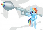 anthro anthrofied blue_body blue_fur english_text equid equine female friendship_is_magic fur hair hasbro holding_object holding_weapon horse mammal multicolored_hair multicolored_tail my_little_pony pony rainbow_dash_(mlp) rainbow_hair rainbow_tail ranged_weapon rocket_launcher shad3r signature simple_background solo tail text weapon white_background
