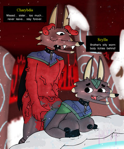 3_eyes 4_fingers ambiguous_fluids ambiguous_penetration anthro areola bent_over big_breasts black_nipples black_nose blush blush_lines bodily_fluids breasts broken_chain brown_body brown_fur butt cape chain chain_leash clothed clothing collar corruption detailed_background dialogue duo ear_tuft eyes_closed female fingers from_behind_position fur genitals gloves hands_on_waist handwear headgear headwear infestation leash male male/female multi_eye nipples nude open_mouth parasite penetration plant pond rock rotting runes sex smile snow speech_box teeth tentacles text tongue tree tuft panda-moan-yum cult_of_the_lamb massive_monster_(studio) charybdis_(cult_of_the_lamb) scylla_(cult_of_the_lamb) canid canine canis mammal wolf worm 5:6 digital_media_(artwork) english_text hi_res brother_(lore) brother_and_sister_(lore) incest_(lore) sibling_(lore) sister_(lore)
