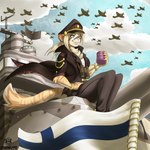 1:1 aircraft airplane anthro artfight2022 battleship biped cannon clothed clothing detailed_background digital_media_(artwork) felid female finland flag fully_clothed headgear hi_res jet kida_(disambiguation) looking_from_below mammal mecanik_panik outline pantherine ranged_weapon ship sitting solo teckwolffr tiger vehicle warship watercraft weapon