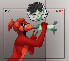 ambiguous_gender beak camera_overlay duo erection eyewear feathers genitals glasses glory_hole hair male nude penis red_body red_feathers smile fackao mordecai_singvogel avian bird cardinal_(bird) haplorhine mammal monkey northern_cardinal oscine passerine primate hi_res