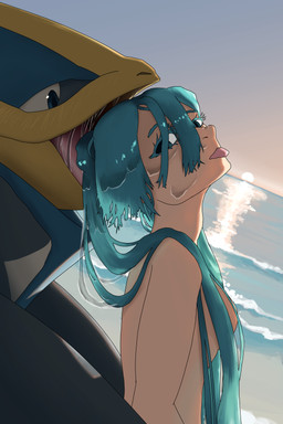 ambiguous_gender backlighting beach blue_eyes blue_hair bodily_fluids duo female female/ambiguous female_on_feral feral hair imminent_vore interspecies light looking_at_viewer open_mouth pigtails pink_tongue pokephilia saliva saliva_in_hair saliva_on_face saliva_string sea sky sunset tongue tongue_out water wet_hair swetzverelend nintendo pokemon vocaloid yamaha_corporation hatsune_miku avian bird empoleon generation_4_pokemon human mammal penguin pokemon_(species) absurd_res hi_res lighting