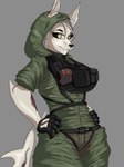 anthro black_sclera clothing female fin fur gloves handwear hoodie medic military military_uniform muscular pose scar simple_background smile soldier solo tail topwear uniform warrior white_body white_fur yellow_eyes unknown_artist a_man_in_a_beasts_world lupa_marble_(ghilliecamo) canid canine canis fish hybrid mammal marine shark wolf absurd_res digital_media_(artwork) hi_res