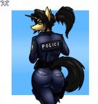 amber_eyes anthro black_hair butt female hair horn looking_at_viewer looking_back ponytail solo tacticalfur hasbro my_little_pony mythology amber_steel equid equine mammal mythological_creature mythological_equine unicorn 2017 hi_res