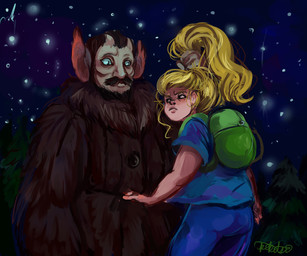 2_horns backpack beard blonde_hair bottomwear clothed clothing coat duo facial_hair frown hair hair_grab horn long_hair male mustache night plant pointy_ears prick_ears shirt sky star starry_sky t-shirt tan_body tan_skin topwear touching_hair tree young young_human pikitsi adventure_time cartoon_network finn_the_human the_hierophant human humanoid mammal vampire