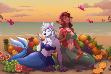 accessory anthro banana bare_shoulders beach bikini bikini_top blue_bikini_top blue_body blue_scales breasts brown_body brown_fur brown_hair cleavage clothed clothed_female clothing cloud duo eating eating_fruit eyes_closed female flower flower_in_hair food fruit fur grape grapefruit green_bikini_top green_body green_eyes green_scales hair hair_accessory holding_food holding_fruit holding_object jewelry melon mermaid_tail midriff navel necklace orange_(fruit) outside pear pineapple plant scales sea sitting sky split_form strapless_bikini strapless_clothing strapless_swimwear swimwear tangerine_(fruit) two-piece_swimsuit water watermelon white_body white_fur white_hair yellow_sky elke_(artist) anpaytoo ambient_arthropod ambient_butterfly ambient_insect aquatic canid canine canis deer mammal merfolk wolf 2026 hi_res