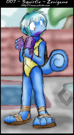 anthro blue_body blue_hair blue_scales clothed clothing female food footwear hair messy one-piece_swimsuit outside palm_tree plant pokemorph pool_chair poolside popsicle sandals scales shell shoes solo swimming_pool swimwear text tree young zarla nintendo pokemon generation_1_pokemon pokemon_(species) squirtle url