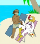 3_toes anthro barefoot beak bikini clothed clothing duo feet female male skimpy swimming_trunks swimwear toes two-piece_swimsuit unknown_artist eto_rangers pochiro tart_(eto_rangers) avian bird canid canine canis chicken domestic_dog galliform gallus_(genus) mammal phasianid