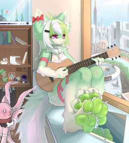 4_toes acoustic_guitar anthro barefoot bedroom bow_ribbon chest_tuft claws clothing feet female foot_focus fur green_body green_fur green_pawpads guitar inner_ear_fluff musical_instrument nails pawpads paws plucked_string_instrument reflection shelf shirt sitting soles solo string_instrument toe_claws toes topwear tuft window nrpwccold221 canie canid canine fox mammal absurd_res hi_res