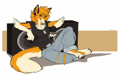 anthro biped clothing electronics female gloves handwear jewelry microphone piercing simple_background sitting solo speaker tail tomboy denucard deni canid canine canis dingo mammal 14:9 digital_media_(artwork)