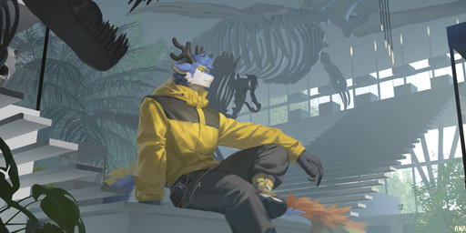 anthro antlers biped black_antlers blue_body blue_fur blue_hair boots bottomwear clothed clothed_anthro clothed_male clothing footwear fur grey_bottomwear grey_clothing grey_pants hair horn inside jacket male male_anthro mouth_closed pants shoes short_hair sitting solo text topwear white_body white_fur yellow_clothing yellow_jacket_(clothing) yellow_topwear awaldkize mythology dragon mythological_creature mythological_scalie scalie 2026 absurd_res artist_name dated hi_res