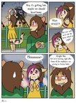 anthro arachnid arthropod brown_body brown_fur brown_hair burger clothed clothing comic dialogue dress duo english_text felid female fiona_(artist) food fur hair head_markings hi_res hybrid lion maddie_(manicmoon) male male/female mammal markings mustelid otter pantherine puppy_eyes purple_eyes spider text twilight_(stitchy626) young young_anthro
