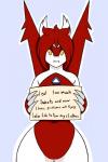 anthro anthrofied breasts cleavage clothed clothing conversational_sign feathers female hair holding_object holding_sign humor looking_at_viewer navel non-mammal_breasts nude placard pokemorph red_body red_feathers red_hair short_hair sign solo text white_body white_feathers yellow_eyes conditional_dnp quin-nsfw dogshaming nintendo pokemon fan_character lewdtias generation_3_pokemon latias legendary_pokemon pokemon_(species) scalie 2015 2:3 absurd_res digital_media_(artwork) english_text hi_res meme