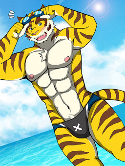 abs anthro beach biceps blue_eyes blush bodily_fluids chest_tuft clothed clothing cloud detailed_background dutch_angle eyebrows eyes_closed fur male muscular muscular_anthro muscular_male nipples outside pecs pink_nose seaside sky solo speedo stripes summer sun sweat swimwear thick_eyebrows topless tuft white_body white_fur bearlovestiger13 morenatsu torahiko_ooshima felid mammal pantherine tiger 2016 hi_res