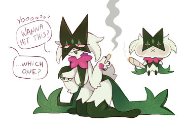 3_fingers anthro areola breasts drug_usage drugs female fingers gesture green_areola green_mouth half-closed_eyes holding_breast joint_in_hand kneeling marijuana narrowed_eyes pawpads pink_eyes pink_pawpads short_tail smoke smoking smoking_marijuana speech_bubble suggestive suggestive_gesture tail nuncher holding_it_in_doesn't_do_anything nintendo pokemon felid feline generation_9_pokemon mammal meowscarada pokemon_(species)