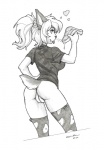 anthro beef blonde_hair bottomless butt clothed clothing female food fur genitals hair heart_symbol legwear love meat pussy shirt simple_background solo standing steak stockings t-shirt tongue tongue_out topwear wolfy-nail eurofurence inuki_(character) domestic_cat felid feline felis lynx mammal 2016 monochrome traditional_media_(artwork)