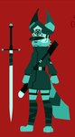 ambiguous_gender anthro clothed clothing legwear logo melee_weapon simple_background solo standing sword uniform weapon weapon_sheath dog_brained canid canine lagomorph mammal absurd_res digital_media_(artwork) hi_res