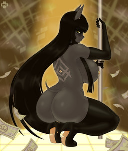 anthro anus armwear big_breasts black_hair boots breasts butt clothing dancing elbow_gloves female footwear genitals gloves hair handwear high_heeled_boots high_heels huge_breasts legwear long_hair money pole pole_dancing shoes solo stripper tail tattoo thigh_boots thigh_highs tipping vulva yellow_eyes razplus rhaja_aaruna anubian_jackal canid canine canis jackal mammal hi_res