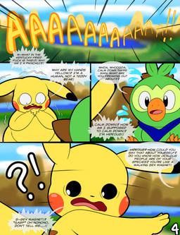 after_transformation anthro biped confusion dialogue duo kerchief lake looking_at_hands looking_back looking_down male male_anthro motion_lines nude profanity shocked speech_bubble text wetland wide_eyed yelling tepigfan101 nintendo pokemon pokemon_mystery_dungeon spike_chunsoft calvin_(tepigfan101) casey_(tepigfan101) generation_1_pokemon generation_8_pokemon grookey pikachu pokemon_(species) 2025 absurd_res comic digital_media_(artwork) english_text hi_res