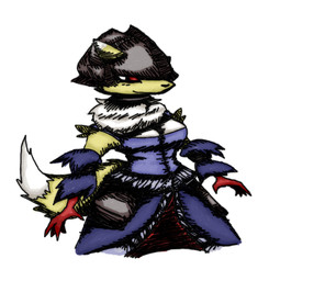 anthro blood bodily_fluids breasts chest_fur clothed clothing female fully_clothed fur red_eyes solo tail yellow_body yellow_fur eeevveee bandai_namco darkest_dungeon digimon duchess_(darkest_dungeon) canid canine digimon_(species) fox mammal renamon vampire digital_drawing_(artwork) digital_media_(artwork) hi_res