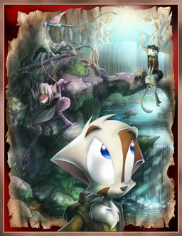 anthro backpack blue_body blue_eyes blue_fur clothed clothing detailed_background female flying forest fur green_body green_fur green_hair group hair male nature outside pink_hair plant poster purple_eyes red_eyes sitting spade_tail tail tan_body tan_fur tree water waterfall david_lillie dreamkeepers lilith_calah mace_(dreamkeepers) namah_calah whip_(dreamkeepers) domestic_cat felid feline felis mammal official_art sibling_(lore) sister_(lore) sisters_(lore)