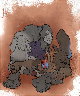anthro balls butt clothing duo erection fur hair male male/male nude open_mouth penis alpha0 ape haplorhine mammal mandrill monkey old_world_monkey primate