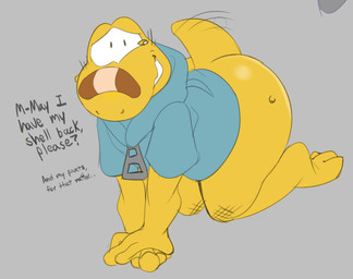 3_toes all_fours anthro bandage bandage_on_face bandage_on_nose big_butt biped blue_clothing blue_hoodie blue_topwear bottomless bottomless_anthro bottomless_male butt clothed clothing dialogue ellipsis embarrassed embarrassing_nudity feet grey_background grin hoodie hoodie_only male motion_lines nervous nervous_smile question_mark scratch_mark scratched scratches simple_background smile solo stuttering tail tail_motion tailwag teeth text toes topwear topwear_only yellow_body yellow_skin zipper astralkettei mario_bros nintendo paper_mario paper_mario:_the_thousand_year_door koops koopa koopa_troopa reptile scalie tortoise turtle 2025 digital_drawing_(artwork) digital_media_(artwork) english_text hi_res