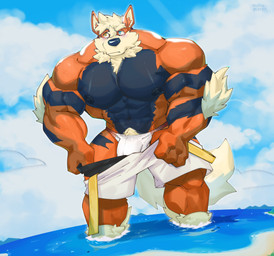 abs anthro anthrofied barazoku beach biceps big_bulge big_muscles big_pecs body_hair bottomwear bulge chest_hair clothed clothing detailed_bulge fur heterochromia huge_bulge huge_muscles huge_pecs macro macro_anthro macro_male male muscular muscular_anthro muscular_male nipples outside pecs pokemorph solo speedo swimwear taking_off_shorts undressing oinu_kori nintendo pokemon kori_(oinu_kori) arcanine canid canine generation_1_pokemon mammal pokemon_(species) digital_media_(artwork) hi_res