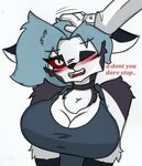 anthro big_breasts blush breasts choker don't_stop female headpat jewelry looking_at_viewer necklace petting solo text pace-maker helluva_boss mythology loona_(helluva_boss) canid canid_demon canine demon hellhound mammal mythological_canine mythological_creature english_text