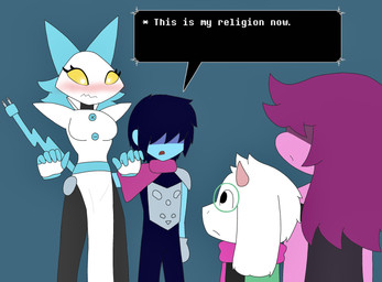 anthro blush breasts dialogue embarrassed eyewear female fur glasses group hair hair_over_eye hand_on_hip horn machine male one_eye_obstructed scarf text white_body white_fur roguecolonel303 deltarune undertale_(series) kris_dreemurr ralsei susie_(deltarune) tasque_manager bovid caprine darkner felid feline goat human mammal reptile robot scalie 2021 absurd_res english_text hi_res